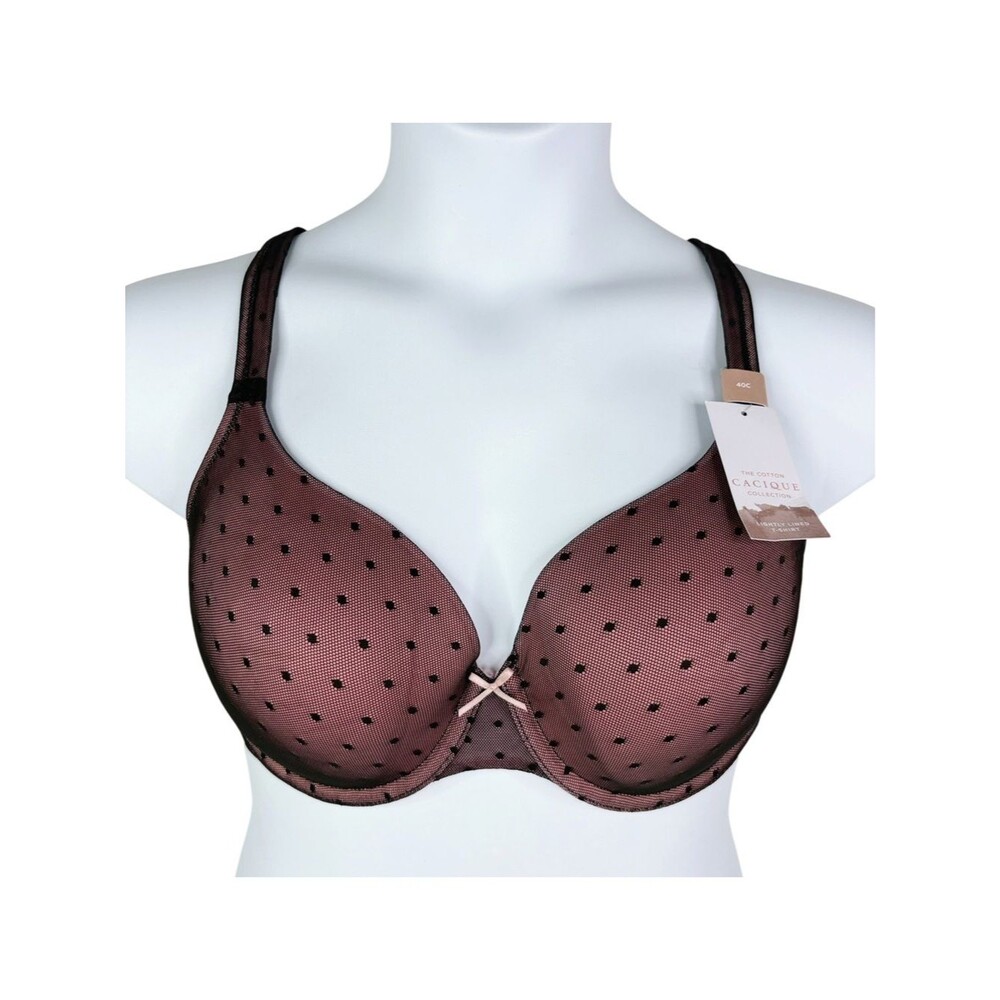 NWT Cacique Lightly Lined T-Shirt Bra sz 40C * Cotton Collection Black Dot Lace